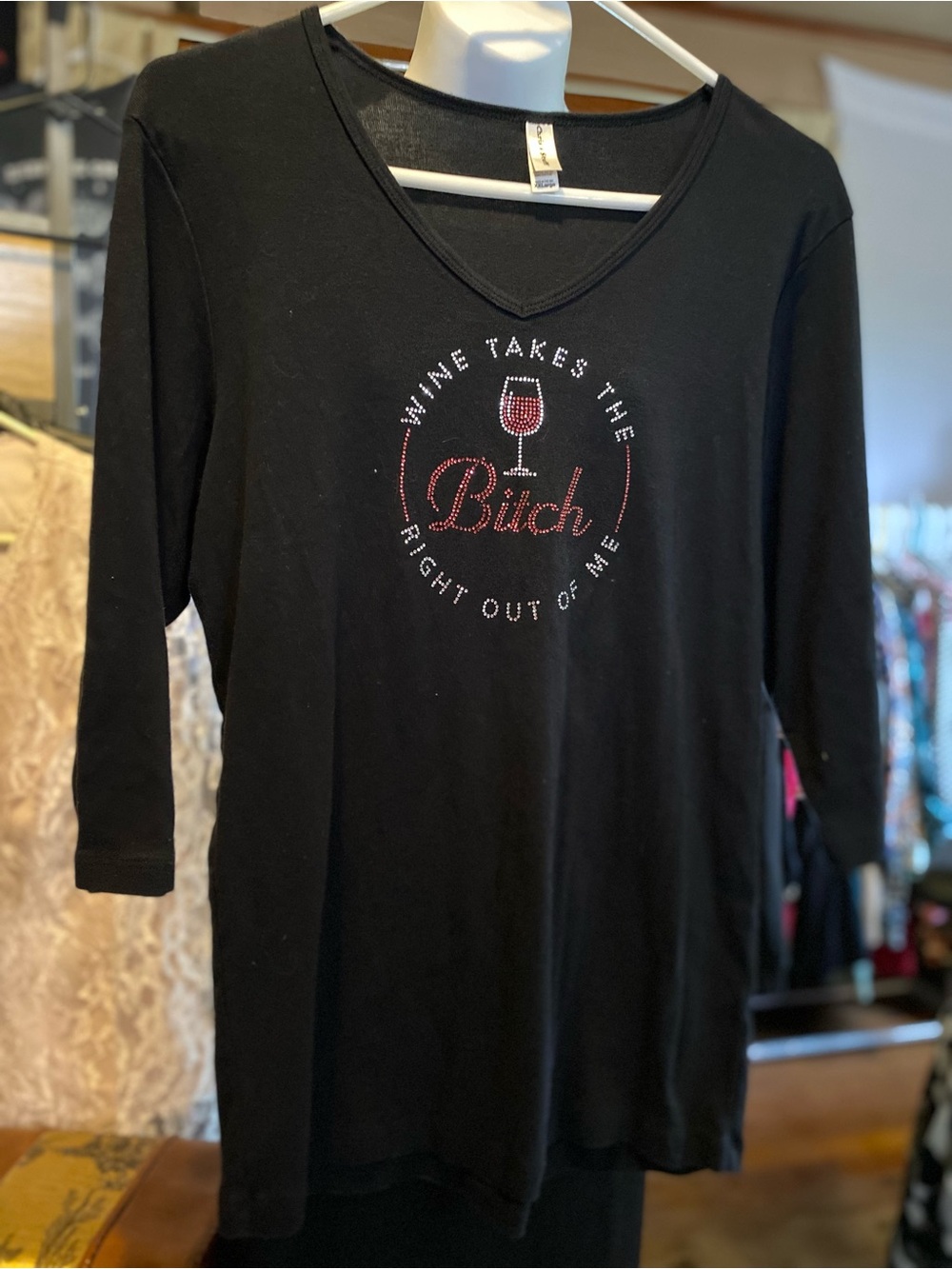 Black Rhinestone Wine Graphic V-Neck Long Sleeve Tee